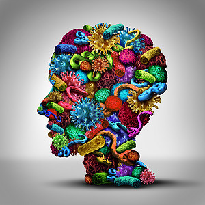 疾病思维疾病问题医学癌症细菌细胞埃博拉病塑造为人类的头部,医疗保健的象征,病理思想解决方案以及治疗感染的图片
