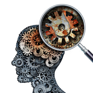 大脑齿轮大脑衰退痴呆衰老脑癌衰退阿尔茨海默病的记忆丧失,其医学标志旧的生锈机械齿轮金属齿轮的齿轮,形状为人的头部生锈背景