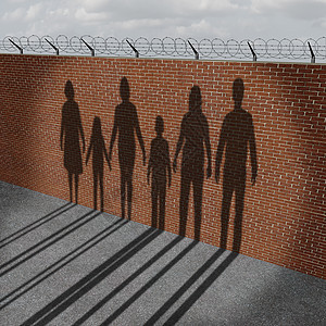 移民人士边境墙上个关于难民移民危机的社会问题,与群移民妇女男子儿童的阴影关图片