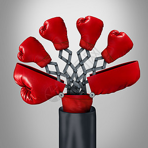创新的竞争手商业,个开放的大拳击手套与其他四个红色手套,个游戏变革者的战略标志,竞争创新者的优势,聪明的发图片