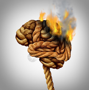 由于痴呆阿尔茨海默病而失大脑功能记忆丧失,医学上的图标根缠结的绳子,形状为人类思维器官,由于火焰燃烧解剖的部分而失图片
