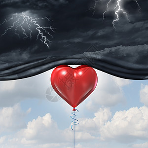 人类爱情的心理学快乐的浪漫感觉抗抑郁药,如红色心形气球,升离开黑暗的风暴云背景,幸福的隐喻,情绪头脑中的变化图片