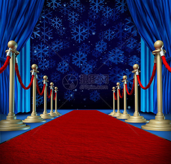 冬季红地毯背景,如舞台上的T台跑道,雪花飘落,新营销与合作促销的季节节日庆祝图片