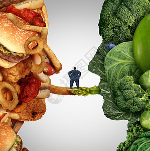 饮食选择食品健康问题个肥胖的人站垃圾食品水果蔬菜集的桥梁,塑造为个人的头部,个,吃什么健康原因的图片