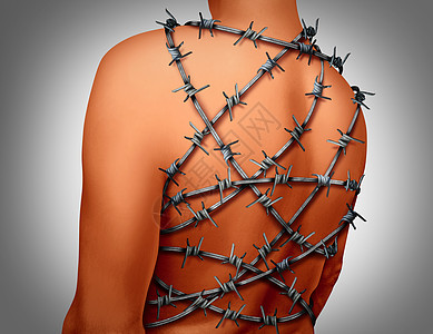 慢背痛人脊背痛,身体椎体区域被带刺倒钩铁丝网包裹,关节炎关节应力的医疗保健,以及由于椎间盘关节炎症引的痛图片