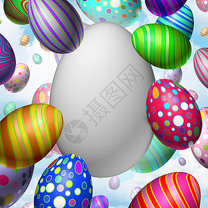 复活节庆祝空白鸡蛋的,飞行装饰鸡蛋与个大的白蛋象征春天节日信息交流图片