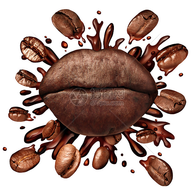 咖啡嘴唇的热饮料飞溅与咖啡豆飞出来,个黑暗的烘焙酿造与飞溅的新鲜热煮液体,个象征,饮用饮料隔离白色背景图片