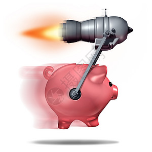 快速现金商业成功的象征,个储蓄罐,被火箭发动机加速,快速快递货币快速金融服务的隐喻图片