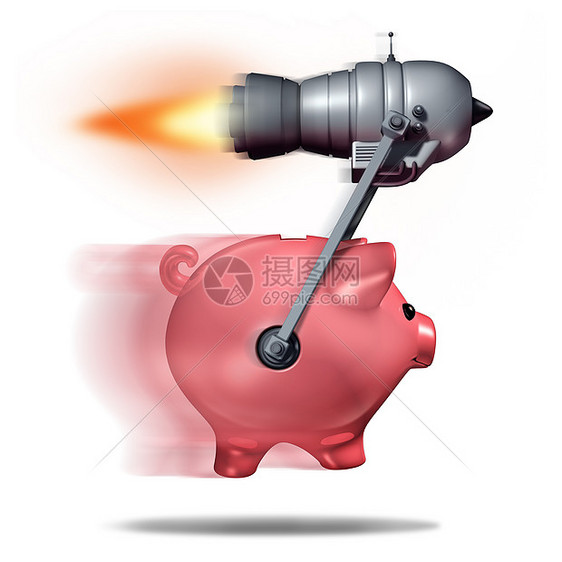 快速现金商业成功的象征,个储蓄罐,被火箭发动机加速,快速快递货币快速金融服务的隐喻图片