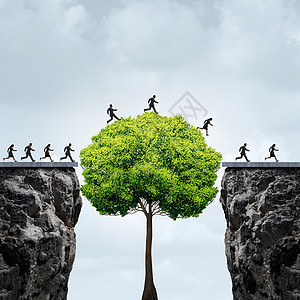 商业增长机会群商业人士利用棵及时生长的大树,建立座跨越连接两个独立悬崖的桥梁,金融耐心机会主义的动机隐喻图片