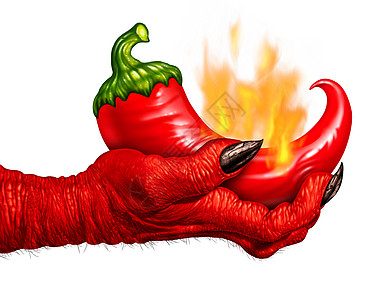 辣椒魔鬼手种红色辣椒火焰中燃烧,被只食物的象征,用于白色背景上隔离的辛辣调味烹饪图片