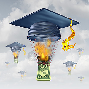 教育成本高中学费顶毕业帽,形状像个热气球,被燃烧的金钱的火焰举,金融金钱压力的隐喻图片