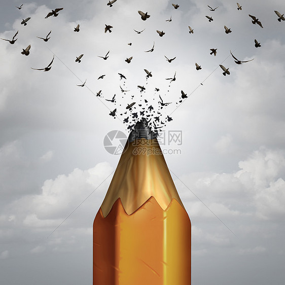 创意铅笔,并以飞行成功的为线索,铅笔尖断裂,变为群鸟飞自由,营销教育商业创造力的象征图片
