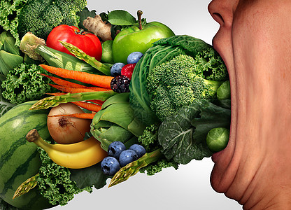吃健康的营养,个人,张大嘴巴,吃新鲜的水果蔬菜健康健身的生活方式的象征图片