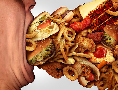 吃垃圾食品,营养饮食健康问题的,个人个大的张大嘴巴,吃过量的大量健康的快餐零食图片