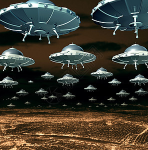 外星人入侵群威胁的入侵飞碟宇宙飞船个城市上空,就像科幻UFO外星人悬停工艺品样,外层接管地球图片