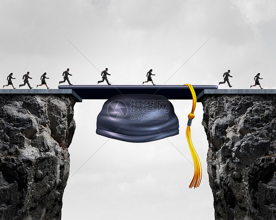 教育职业机会群即将毕业的大学学生,他们黑板毕业帽桥梁,为商业成功提供机会弥合差距图片
