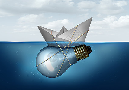 商业创新解决方案创意艘纸船绑灯泡灯泡物体上,智能企业思维解决经济交通挑战的成功隐喻背景图片