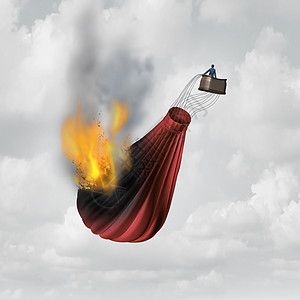 商业困境的金融问题的象征,个商人燃烧的热气球,正燃烧,失败的隐喻图片