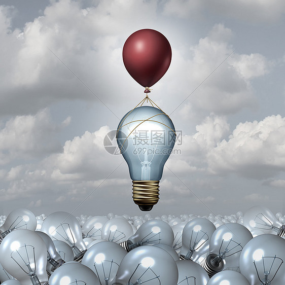 创新思维三维插图灯泡广阔的景观中,个灯泡气球的帮助下上升,创造创新灵感的动机隐喻图片
