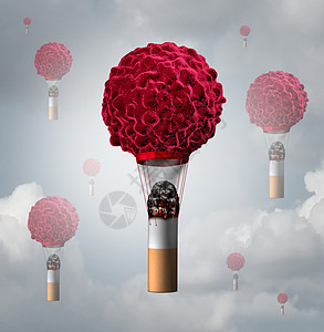 吸烟癌症保健种人类癌细胞,形状像个气球,个点燃的吸烟烟蒂,为癌症的象征创造烟雾热量,三维插图图片