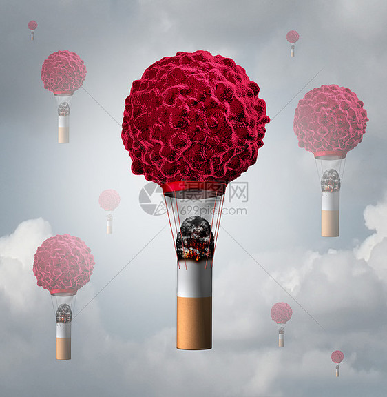 吸烟癌症保健种人类癌细胞,形状像个气球,个点燃的吸烟烟蒂,为癌症的象征创造烟雾热量,三维插图图片