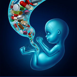 医学怀孕医学,如药物与药丸处方药流经胎儿的脐带卡,比喻孕妇胎儿的风险,三维插图图片