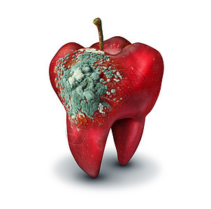 牙科医学种红苹果,形状为人类磨牙,表生长着腐烂的霉菌,牙科口腔医疗保健的象征,三维插图风格图片