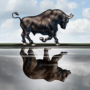 投资警告标志金融股票市场的隐喻,公牛熊的水中创造了个反映,经济衰退衰退的预测,以3D插图风格图片