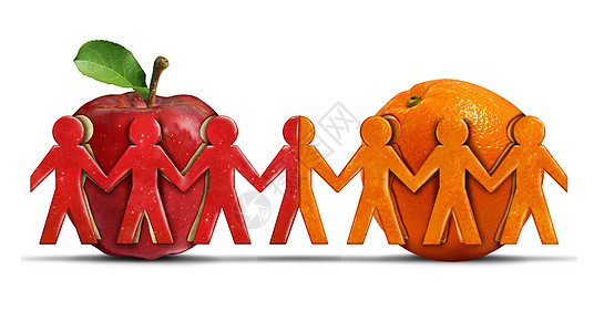 苹果橘子两个同群体的宽容友谊的象征,被塑造成人们的偶像,个多样化的队,以3D插图风格聚集图片