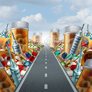 药物药物的药丸处方药条通往光明的道路上保健的隐喻,医生那里得3D插图元素的药物治疗解决方案图片