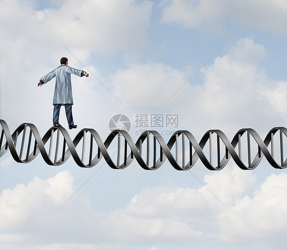 基因研究医生挑战生物学家科学主义者行走DNA螺旋链上医学生物技术符号与三维插图元素图片