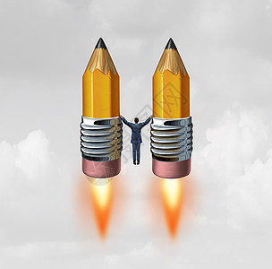 商业创意火箭个商人持两支铅笔与火箭发动机火焰向上爆破,以成功的三维插图元素图片