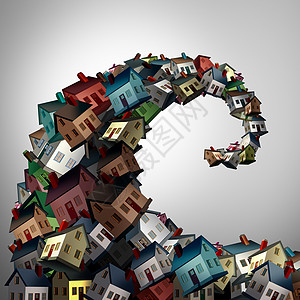 住房危机家庭住宅,被塑造成海浪,房地产住宅财产的隐喻,以风险债务危险为3D插图图片