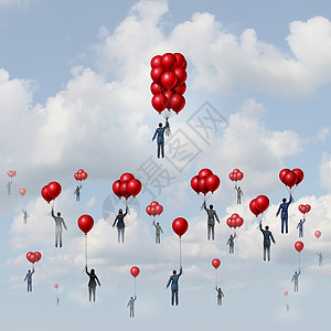 商业财富群人被气球举,个个体商人更多的累积漂浮物,用3D插图元素达更高的水平图片