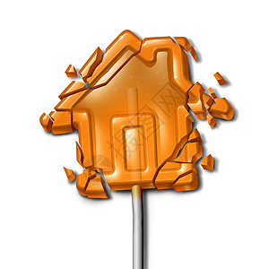破碎的家庭个破碎的糖果棒棒糖形状为个麻烦的房子家庭危机的象征金融止赎,由于逾期抵押贷款债务与3D插图元素图片