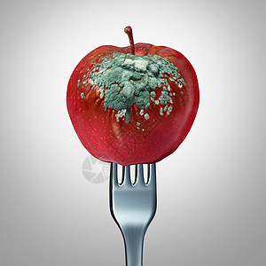 腐烂的食物符号变质的可怕的食物,如叉子,着变质的苹果,真菌生长,三维插图元素,比喻新鲜的食物图片