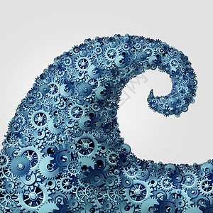 商业波趋势齿轮齿轮物体,形状为海浪涌动,以力量隐喻,技术电流的变化三维插图图片