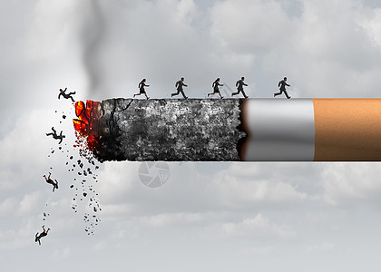 吸烟死亡危险种香烟燃烧,人们跌倒并逃离热燃烧的灰烬,烟雾暴露导致肺癌致命的健康风险的隐喻与三维插图元素背景图片