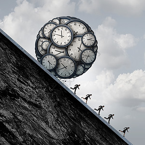 商业截止日期压力群绝望的员工工作人员逃离个由时钟物体制成的球,个加隐喻压力工作场所与3D插图元素图片