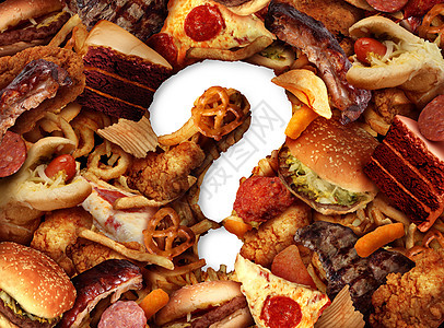 健康的食物选择节食问题饮食忧虑与油腻的油炸快餐汉堡热狗与炸鸡蛋糕比萨饼形状个问号,吃确定的三维插图风图片