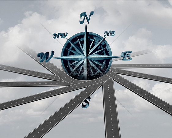 决定方向路径选择的,个风玫瑰罗盘包裹道路导航运输符号职业商业指导图标三维插图图片