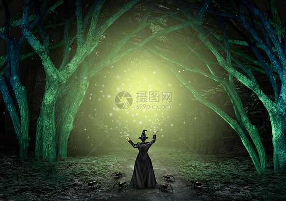 魔法女巫可怕的黑暗神秘森林中施放魔法咒语,就像个的巫师样,创造出种闪闪发光的绿色光芒,万节的背景,带3D插图图片