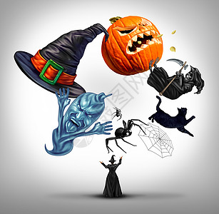 万节杂耍女巫巫师用秋天庆祝的象征,如帽子,蜘蛛,蜘蛛网黑猫,还个南瓜杰克o灯与三维插图元素图片