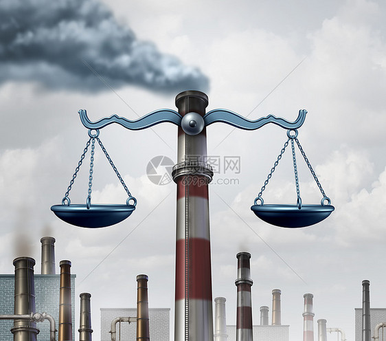 环境法标志种工业烟雾堆,形状为正义尺度,比喻污染法规清洁空气立法与三维插图元素图片