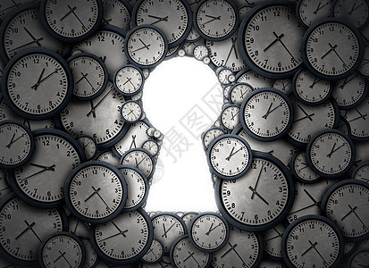时间密钥解决方案时钟象,形状为个开放的锁孔,个成功的比喻,访问时区管理的业务时间表个3D插图图片