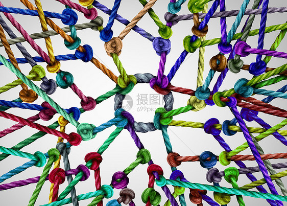 网络中心核广泛多样的绳索捆绑连接个集中的圆圈,种技术全球互联网的隐喻,被连接图片