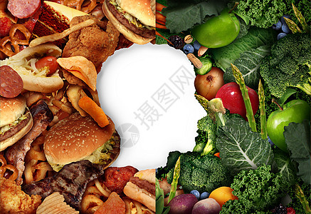 饮食选择个人的头个食物背景与半油腻的垃圾食品,另边与绿色健康的水果蔬菜个健康的象征,个饮食营养师选择饮图片