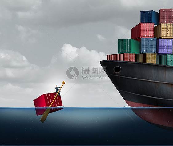 贸易赤字商业种运输巨大货物的货运轮,与位商人海洋中划着个集装箱个经济平衡的隐喻与三维插图元素了鲜明图片