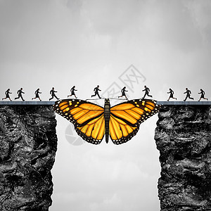机会过渡迁徙只蝴蝶,两个悬崖的桥梁,让人们他们的旅程,希望信仰的象征与三维插图元素图片